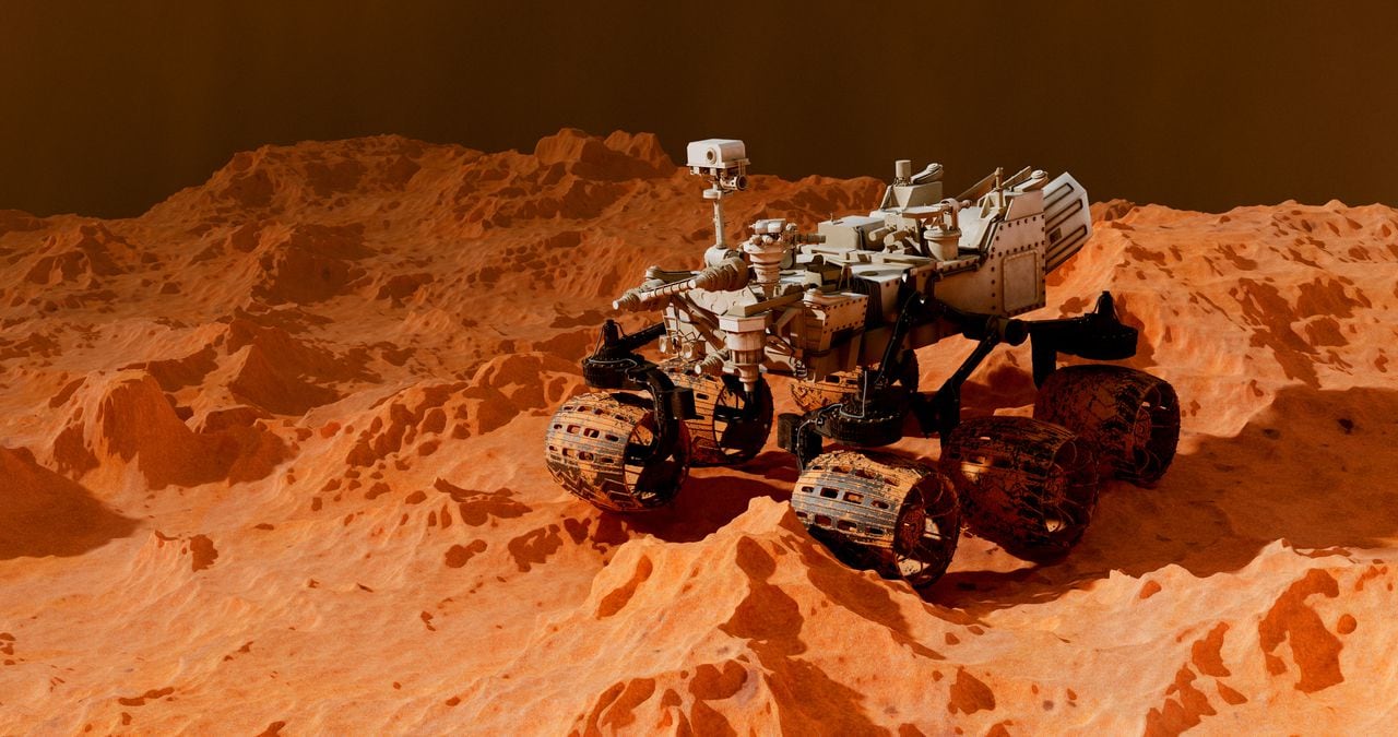 A 3D view of the Mars rover on the planet's surface.  Mars concept