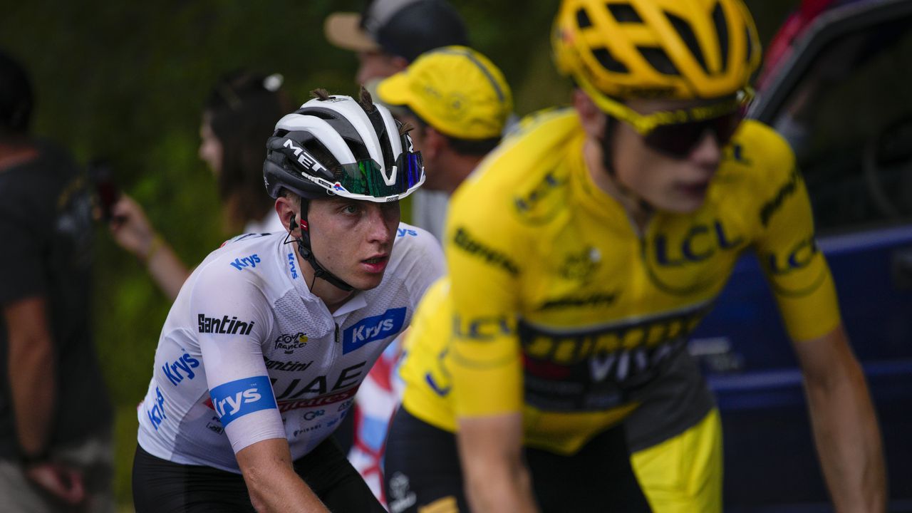 Slovenia's Tadej Pogacar, wearing the best young rider's white jersey, follows Denmark's Jonas Vingegaard, wearing the overall leader's yellow jersey, during the seventeenth stage of the Tour de France cycling race over 166 kilometers (103 miles) with start in Saint-Gervais Mont-Blanc and finish in Courchevel, France, Wednesday, July 19, 2023. (AP Photo/Daniel Cole)