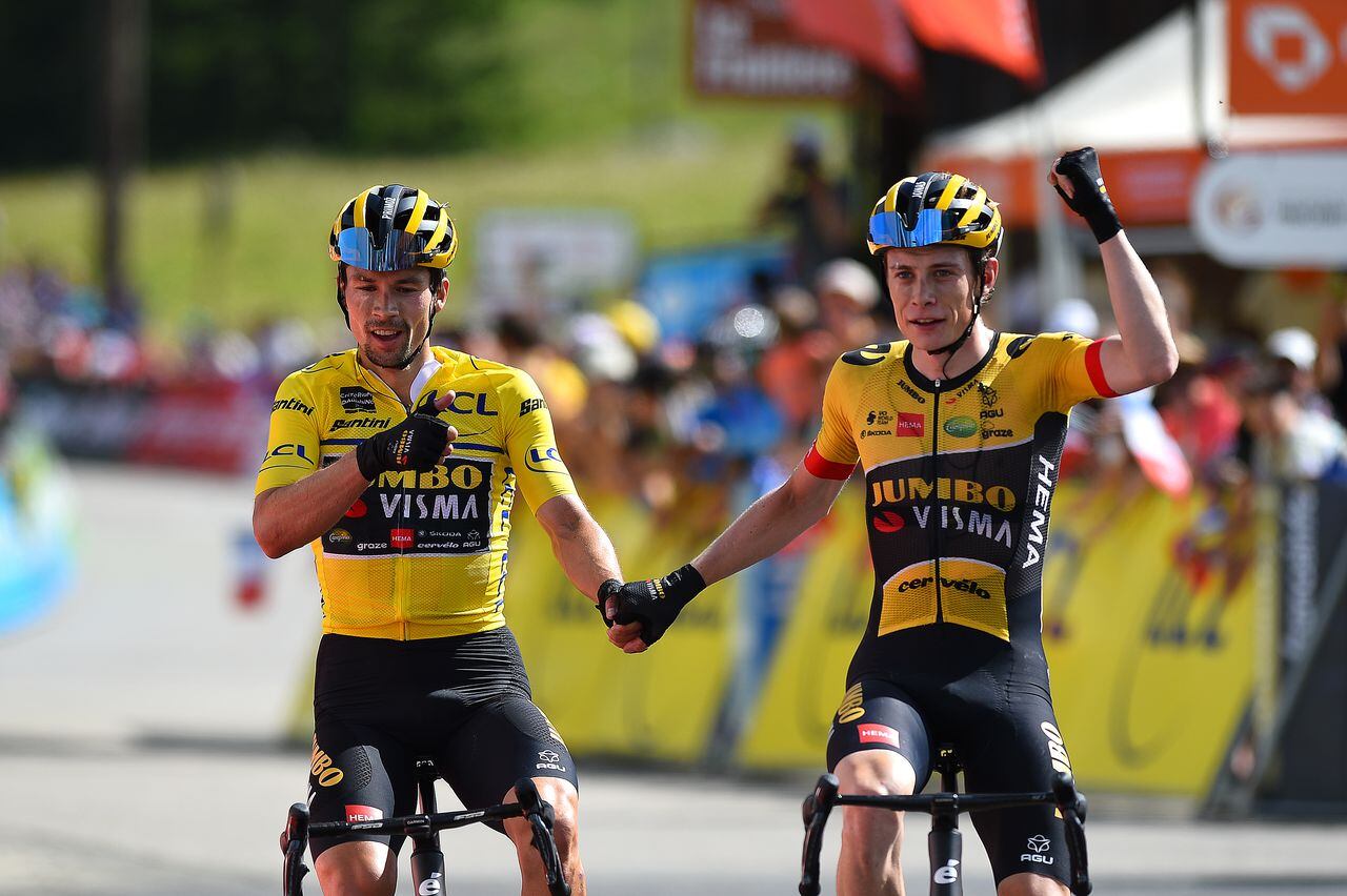 PLATEAU DE SALAISON, FRANCE - JUNE 12: (L-R) Race winner Primoz Roglic of Slovenia Yellow Leader Jersey and stage winner Jonas Vingegaard Rasmussen of Denmark and Team Jumbo - Visma celebrate at finish line during the 74th Criterium du Dauphine 2022 - Stage 8 a 138,8km stage from Saint-Alban-Leysse to Plateau de Salaison 1495m / #WorldTour / #Dauphiné / on June 12, 2022 in Plateau de Salaison, France. (Photo by Dario Belingheri/Getty Images)