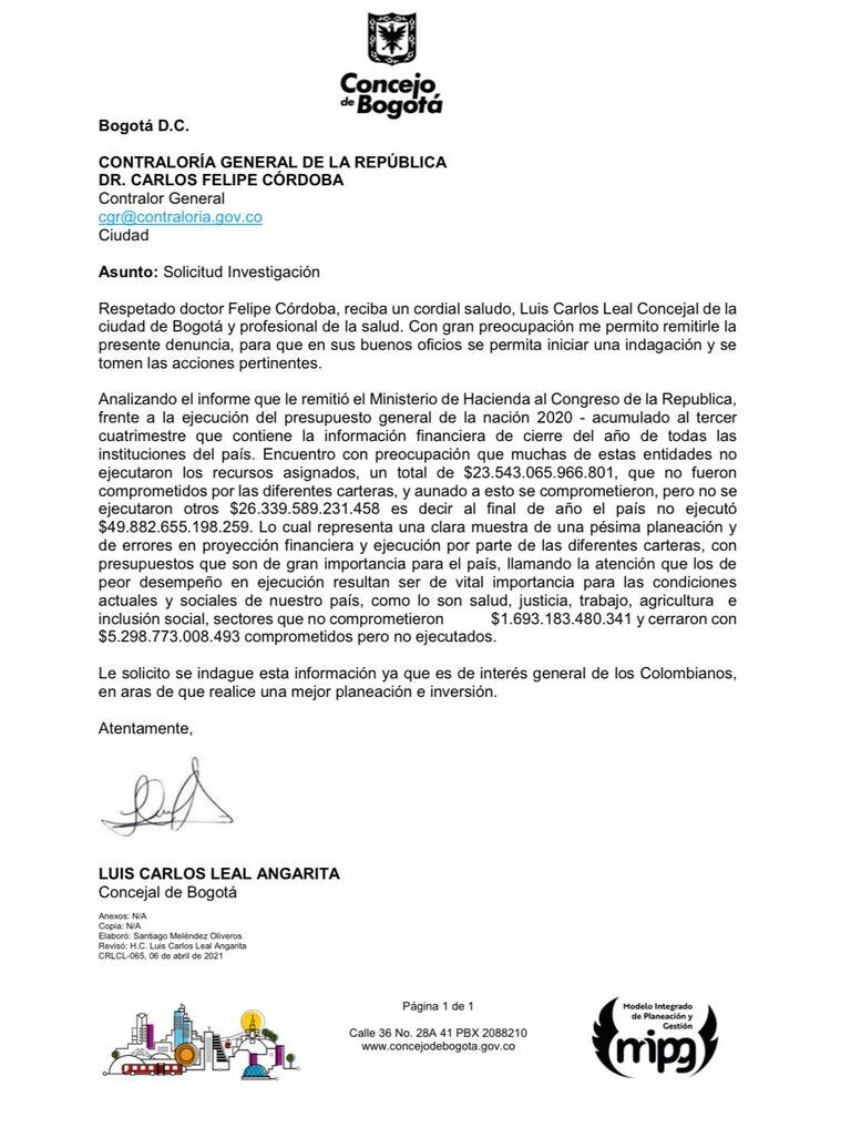 Concejal de Bogotá denunció ante Contraloría General falta de ejecución de  dineros en el presupuesto nacional