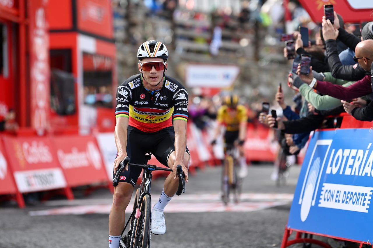 ARINSAL, SPAIN - AUGUST 28: Remco Evenepoel of Belgium and Team Soudal - Quick Step celebrates at finish line as stage winner during the 78th Tour of Spain 2023, Stage 3 a 158.5km stage from Súria to Arinsal 1911m/ #UCIWT / on August 28, 2023 in Arinsal, Andorra. (Photo by Tim de Waele/Getty Images)