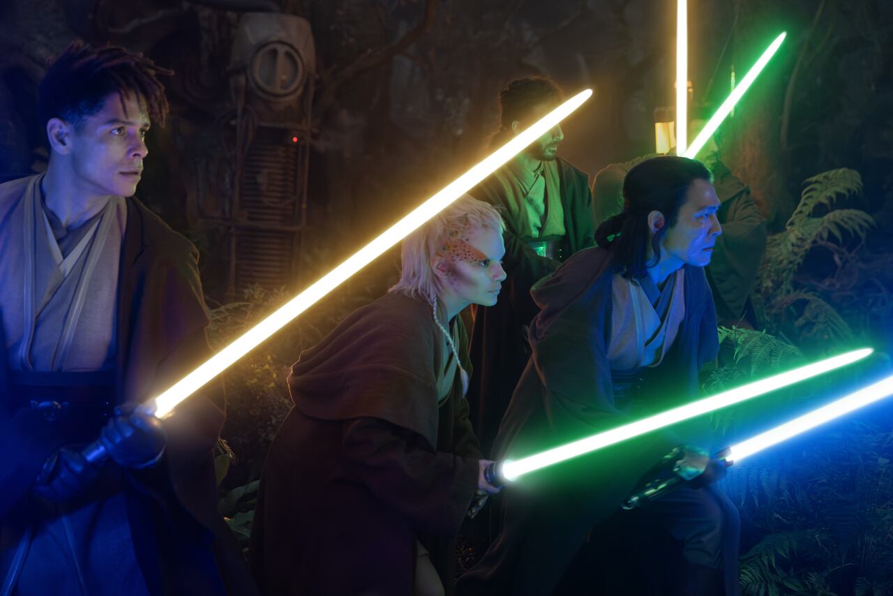 (L-R, front row): Yord Fandar (Charlie Barnett), Jedi Padawan Jecki Lon (Dafne Keen) and Master Sol (Lee Jung-jae) in Lucasfilm's THE ACOLYTE, exclusively on Disney+. ©2024 Lucasfilm Ltd. & TM. All Rights Reserved.