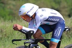 Team Bahrain's Colombian rider Santiago Buitrago competes in the fourth stage of the 76th edition of the Criterium du Dauphine cycling race, 34,4km individual time trial between Saint-Germain-Laval and Neulise, central France, on June 5, 2024. (Photo by Thomas SAMSON / AFP