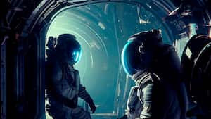 Ilustración creada con inteligencia artificial de astronautas al interior de una nave mientras viajan por el espacio.