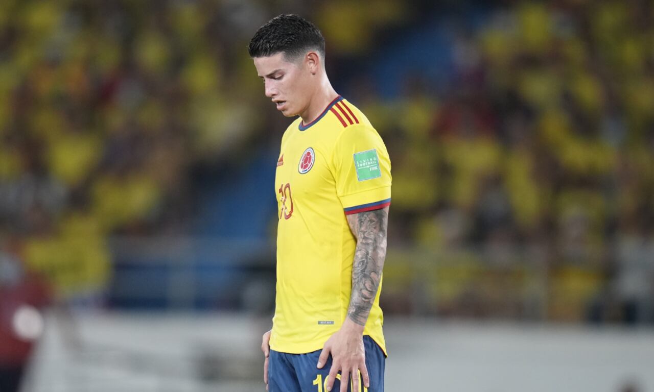 Colombia's James Rodriguez reacts during a qualifying soccer match for the FIFA World Cup Qatar 2022 against Paraguay, at Metropolitano stadium in Barranquilla, Colombia, Tuesday, Nov. 16, 2021. (AP/Fernando Vergara)