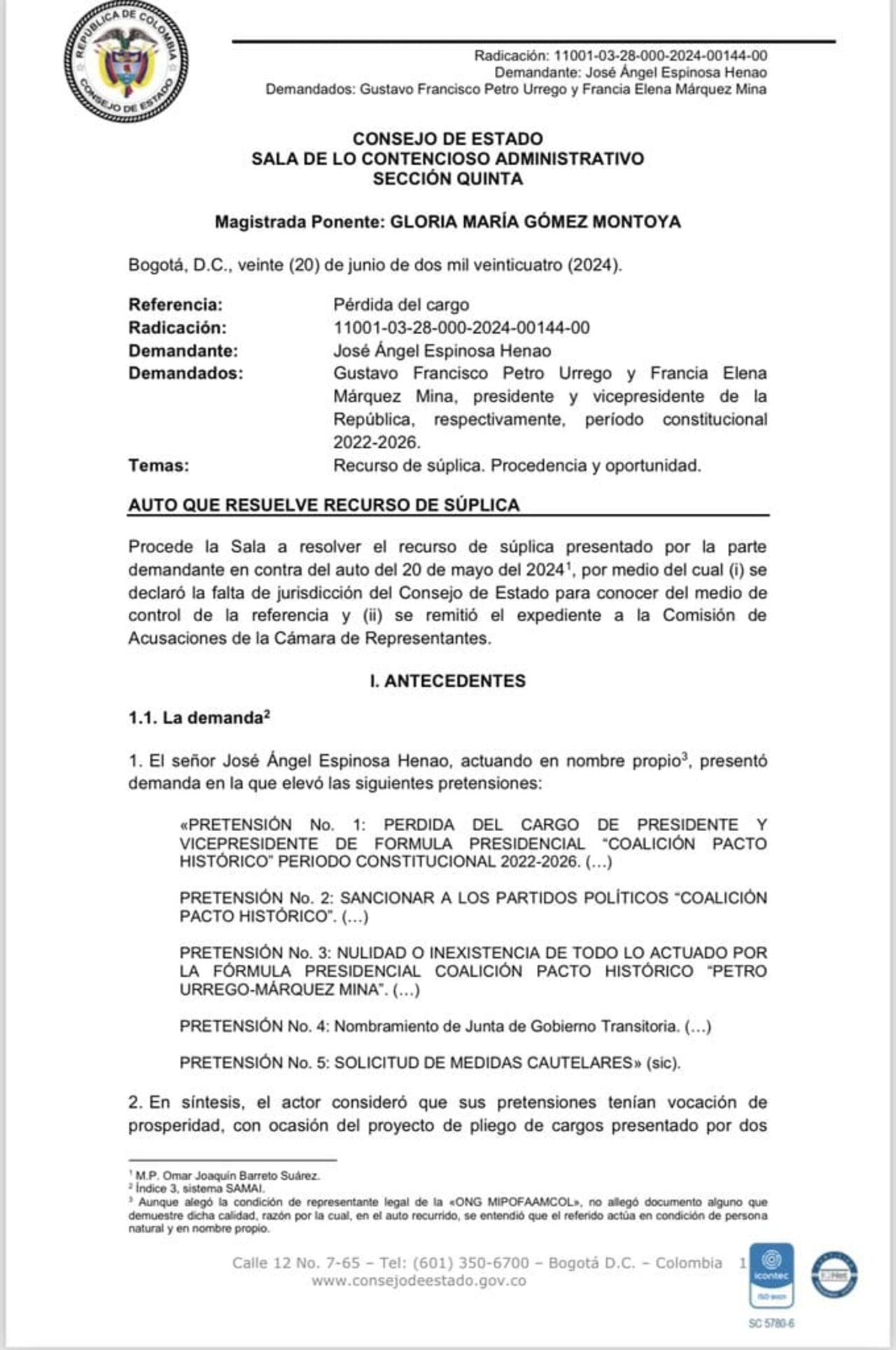 Consejo de Estado falló demanda presentada contra la elección de Gustavo Petro y Francia Márquez.