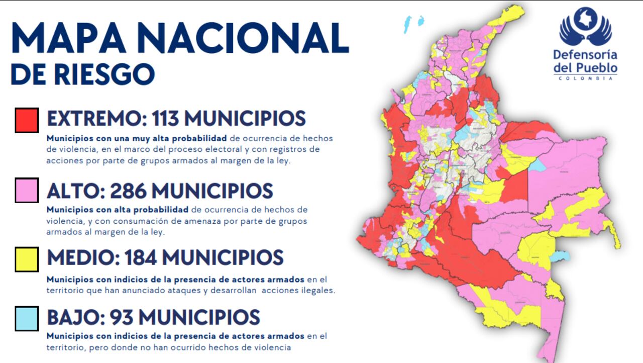 Mapa nacional de riesgo electoral divulgado por la Defensoría.