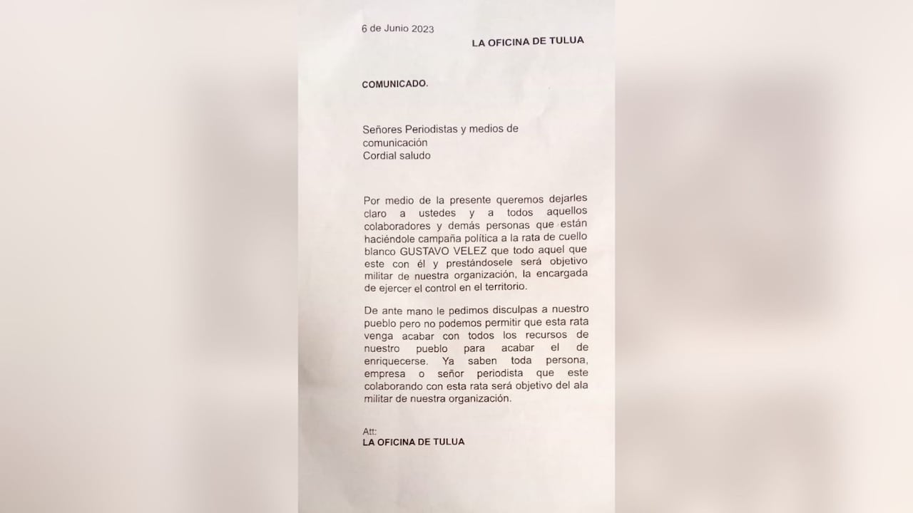 Este panfleto fue entregado a periodistas y medios de comunicación de Tuluá.