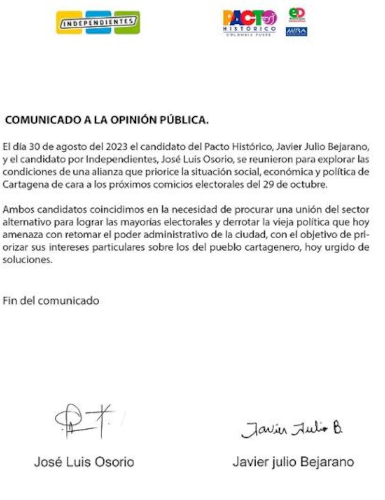 Comunicado sobre posible alianza entre el Pacto Histórico e Independientes en Cartagena