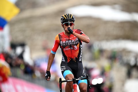 TRE CIME DI LAVAREDO, ITALY - MAY 26: Santiago Buitrago of Colombia and Team Bahrain - Victorious celebrates at finish line as stage winner during the 106th Giro d'Italia 2023, Stage 19 a 183km stage from Longarone to Tre Cime di Lavaredo 2307m / #UCIWT / on May 26, 2023 in Tre Cime di Lavaredo, Italy. (Photo by Stuart Franklin/Getty Images,)