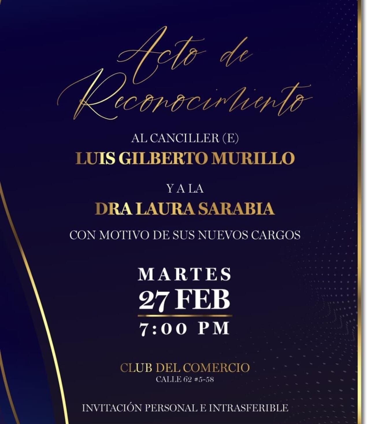 Invitación a un acto de reconocimiento a Laura Sarabia y Luis Gilberto Murillo.