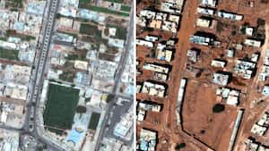 Vecindario de Derna, Libia, el 1 de julio de 2023, arriba, y la misma zona dañada por las inundaciones el miércoles 13 de septiembre de 2023.