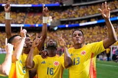 Colombia's Jefferson Lerma, 16, celebrates scoring his side's second goal against Paraguay during a Copa America Group D soccer match in Houston, Texas, Monday, June 24, 2024. (AP Photo/Kevin M. Cox)