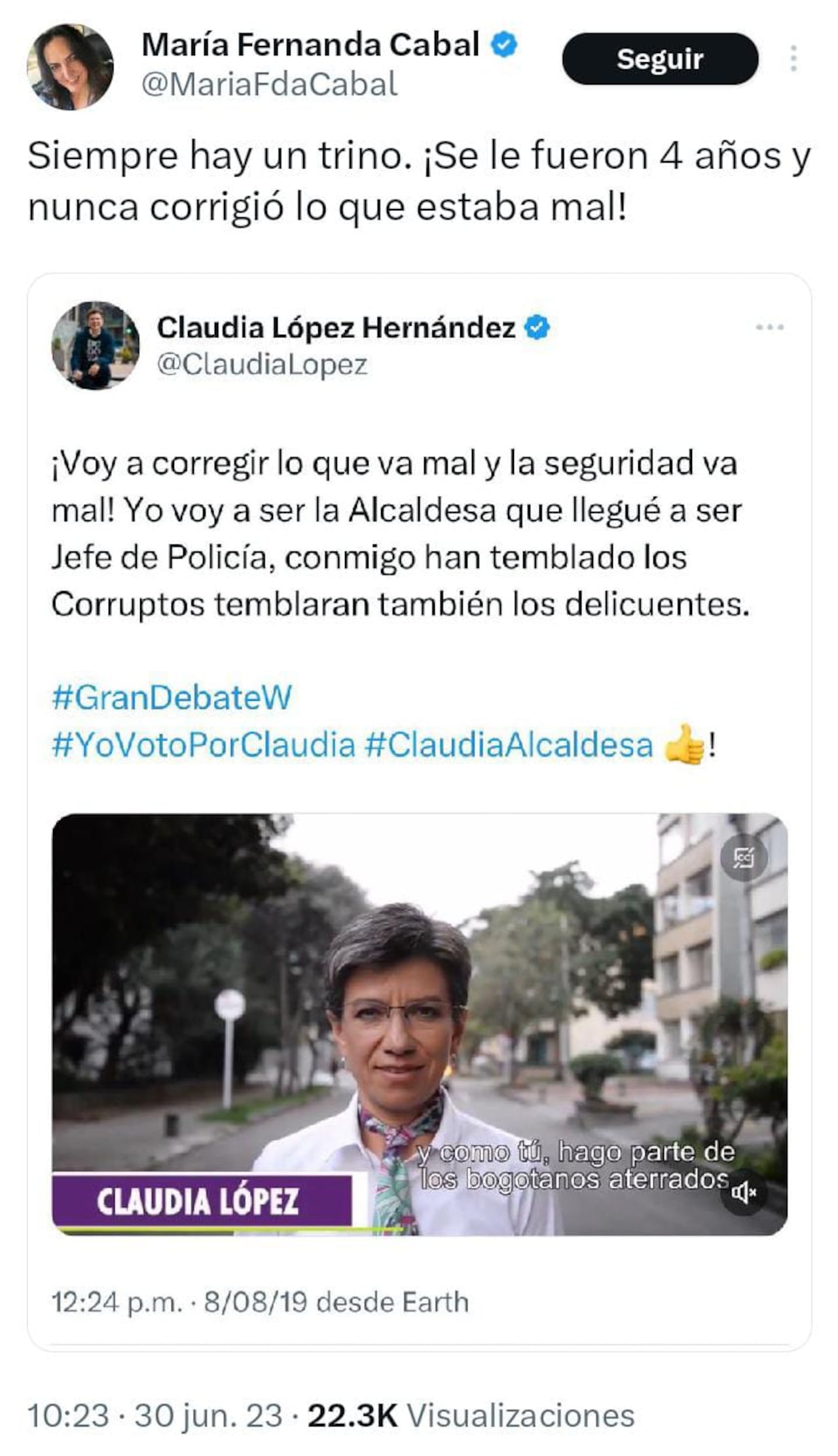 María Fernanda Cabal critica a la alcaldesa Claudia López