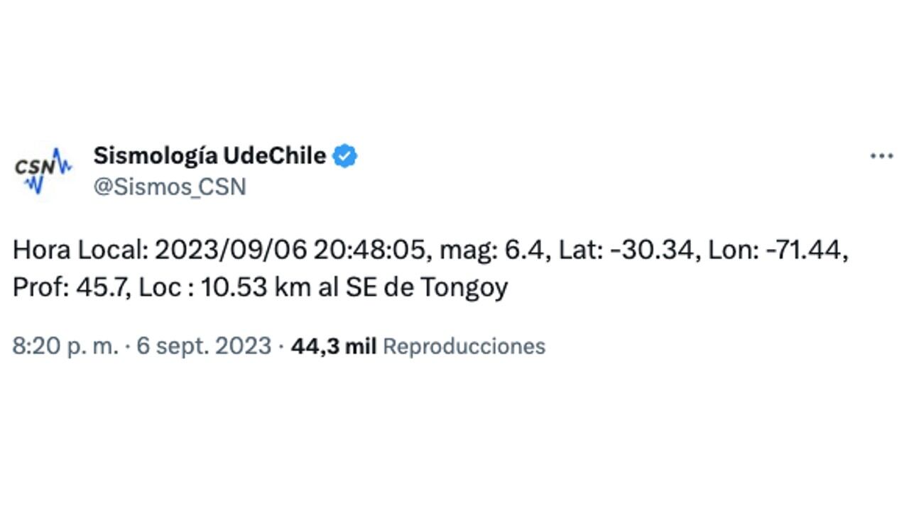Así registró el Centro Sismológico Nacional de la Universidad de Chile el terremoto