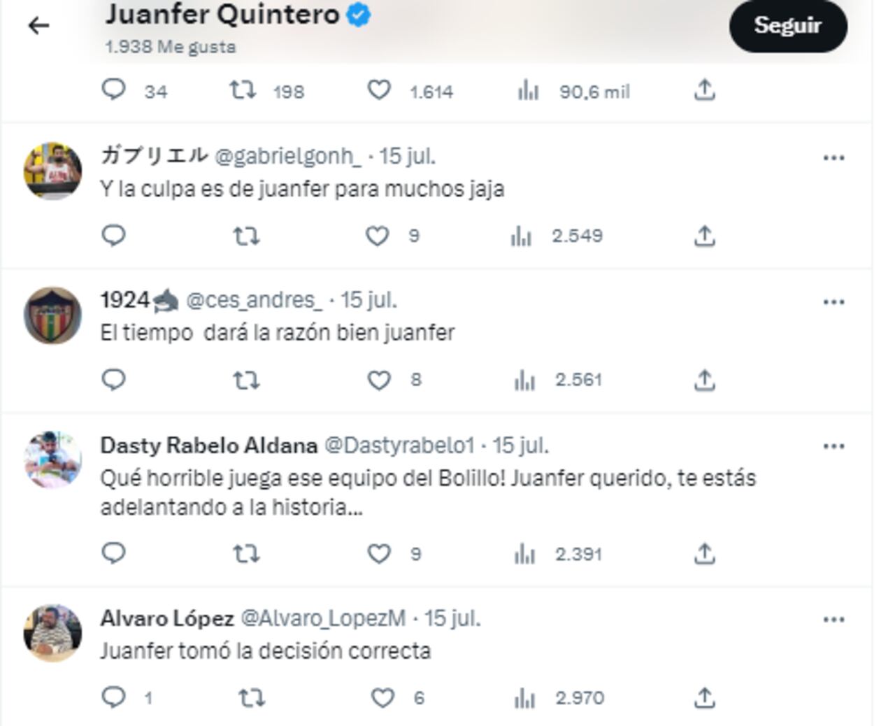Juanfer Quintero recibió mensajes de apoyo de los hinchas