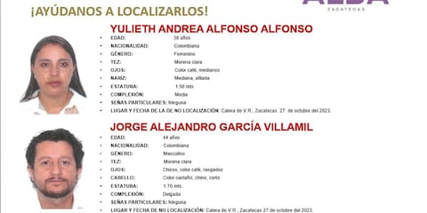 Yulieth Alfonso y Jorge Andrés García desaparecieron junto a sus tres hijos en un municipio de Zacatecas.