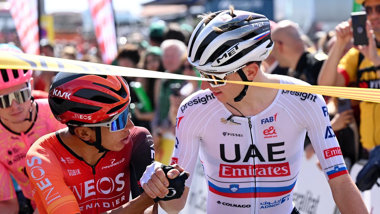 SANT FELIU DE GUIXOLS, SPAIN - MARCH 18: (L-R) Egan Bernal of Colombia and Team INEOS Grenadiers and Tadej Pogacar of Slovenia and UAE Emirates Team prior to the 103rd Volta Ciclista a Catalunya 2024, Stage 1 a 173.9km stage from Sant Feliu de Guixols to Sant Feliu de Guixols / #UCIWT / on March 18, 2024 in Sant Feliu de Guixols, Spain. (Photo by David Ramos/Getty Images)