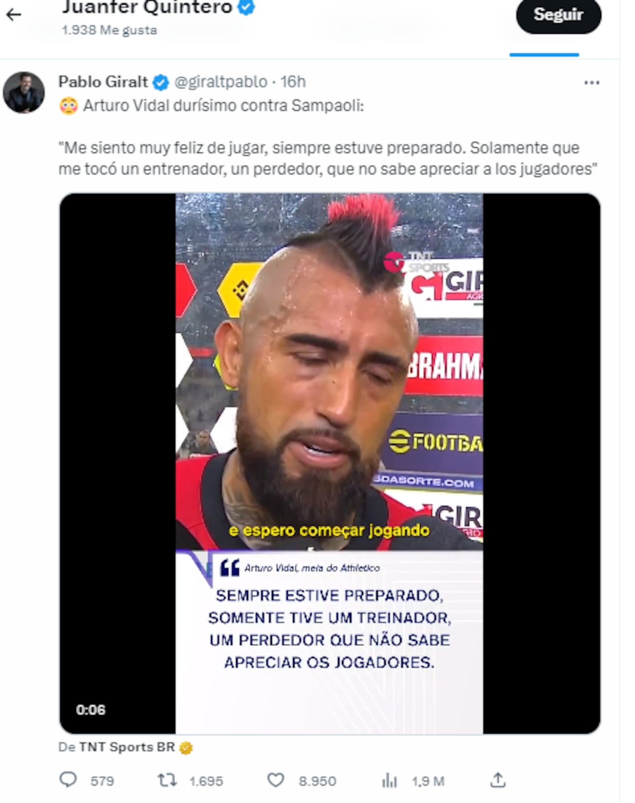 Quintero reaccionó con un 'like' a las declaraciones de Arturo Vidal