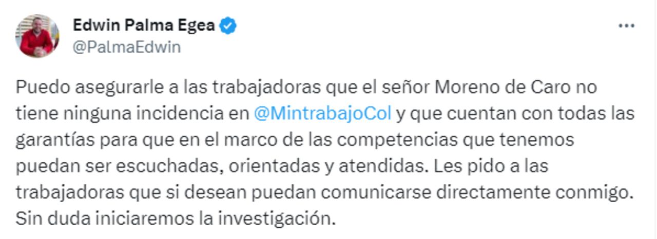 Edwin Palma Egea, viceministro de relaciones laborales, aseguró que el excongresista Moreno de Caro no tiene ninguna incidencia en el MinTrabajo.