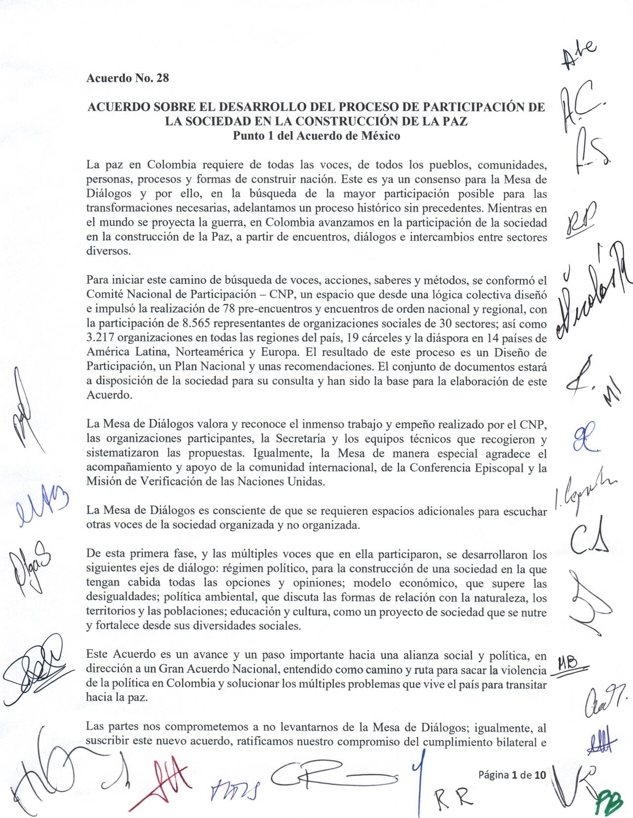 Primer página del Acuerdo sobre el proceso de participación de la sociedad civil en la construcción de la paz entre Colombia y el ELN.
