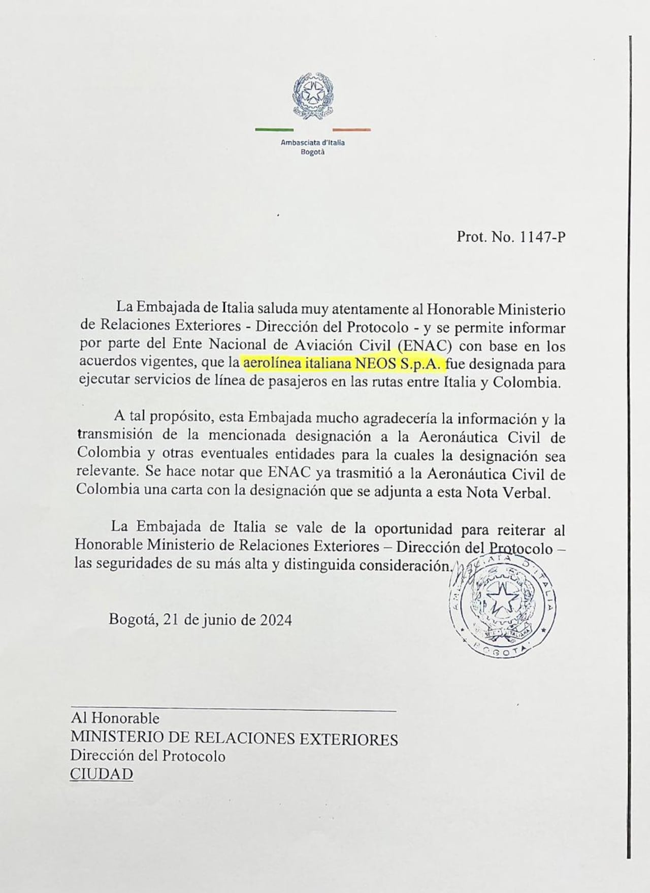 Carta embajada de Italia