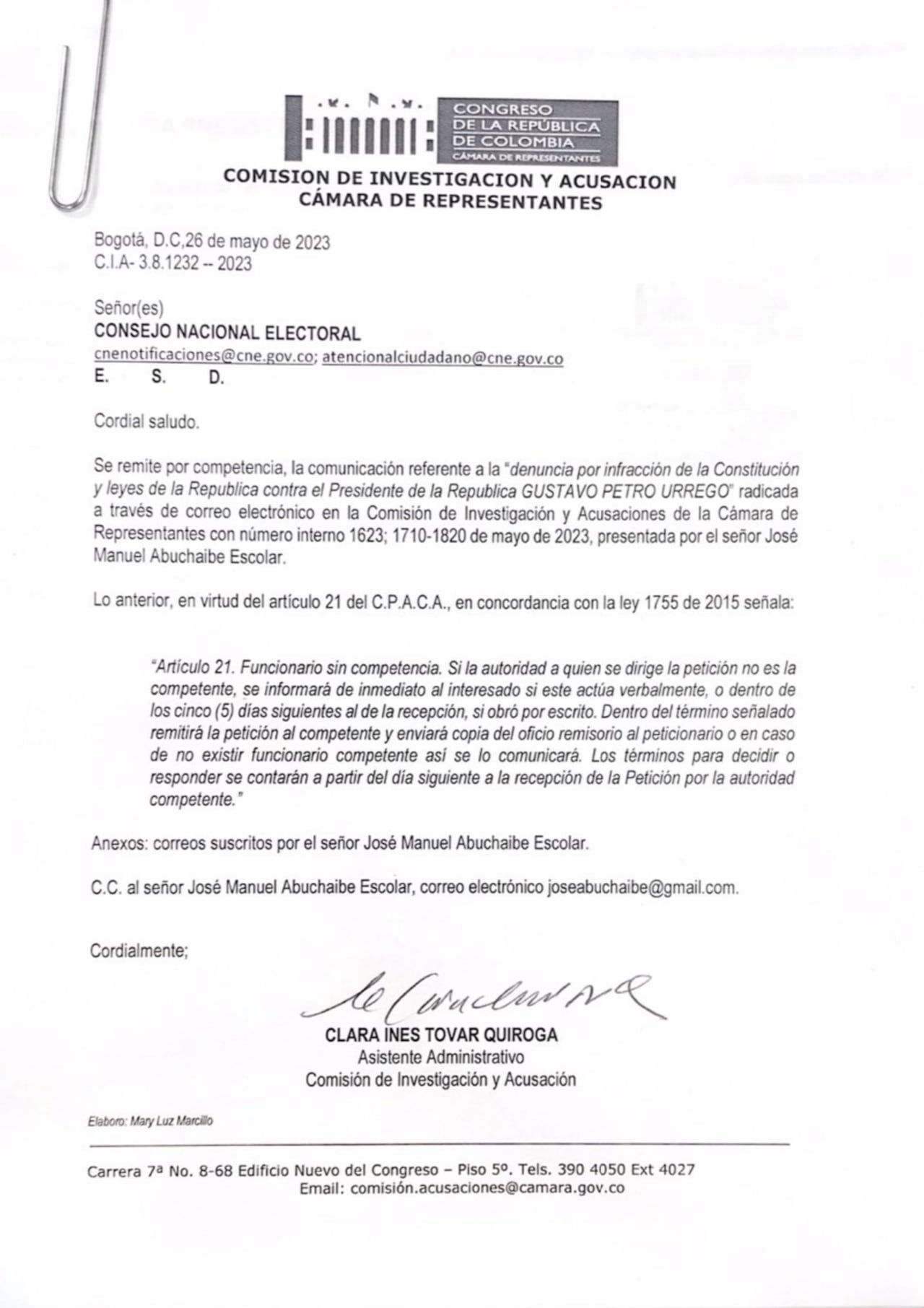 Este es otro oficio que envió la Comisión de Acusación al CNE donde le entrega una queja contra Gustavo Petro por competencias.