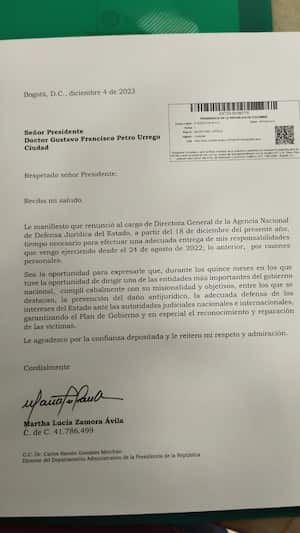 Esta es la carta de renuncia de Martha Lucía Zamora, luego que el presidente Petro confirmara su salida de la Agencia Jurídica del Estado