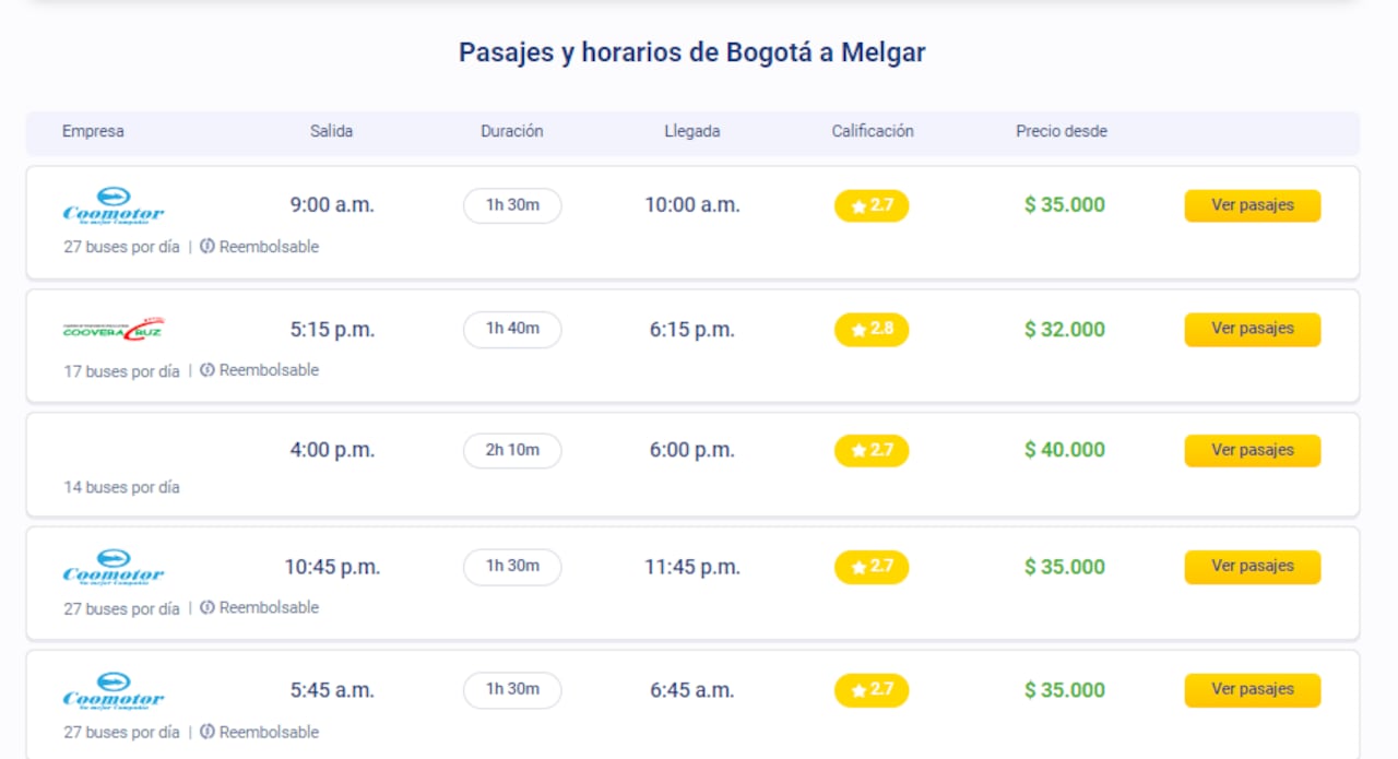 Estas son las tarifas de servicio de transporte para los turistas que viajan desde Bogotá hasta Melgar.
