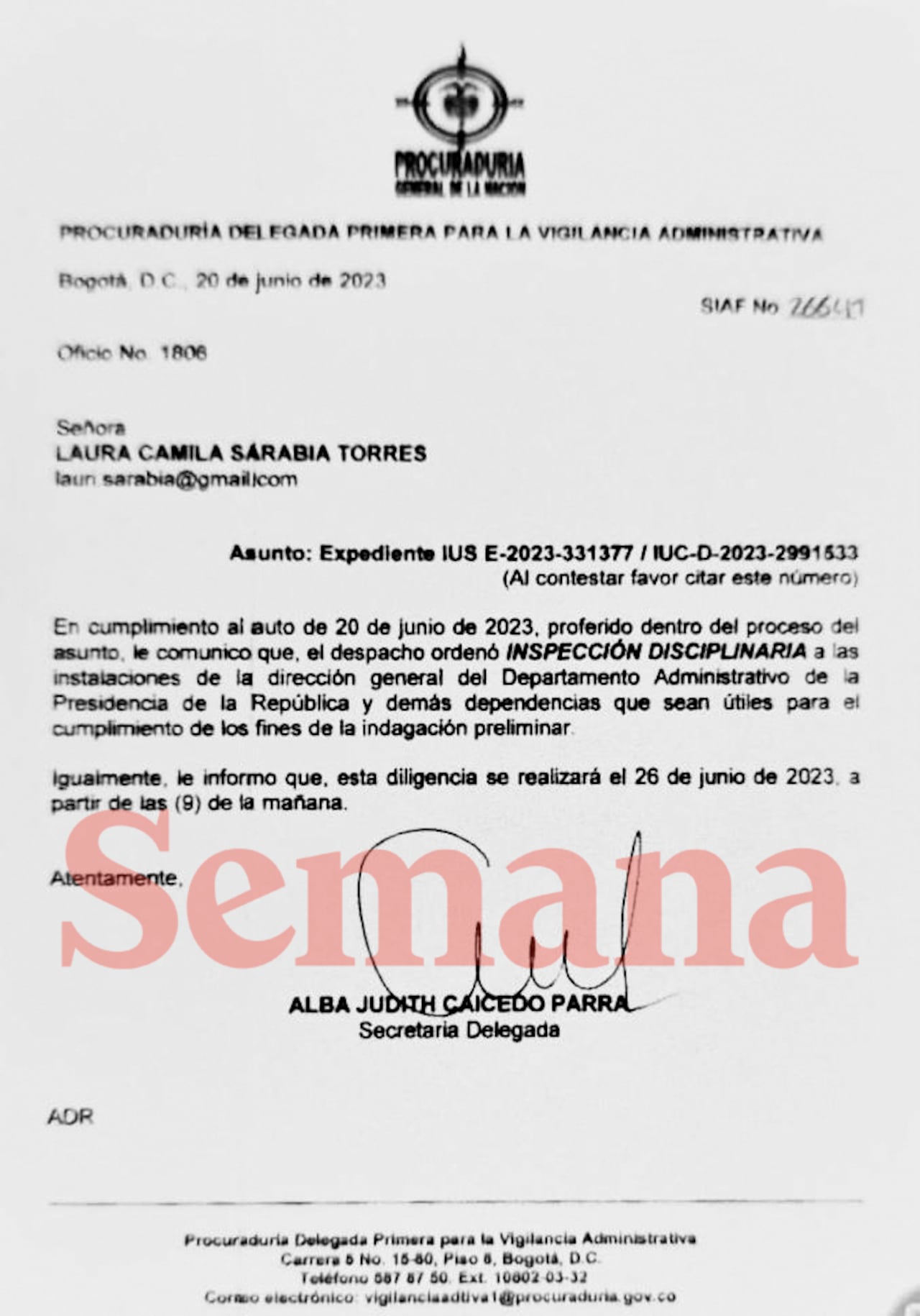 Carta Procuraduria inspección Laura Sarabia