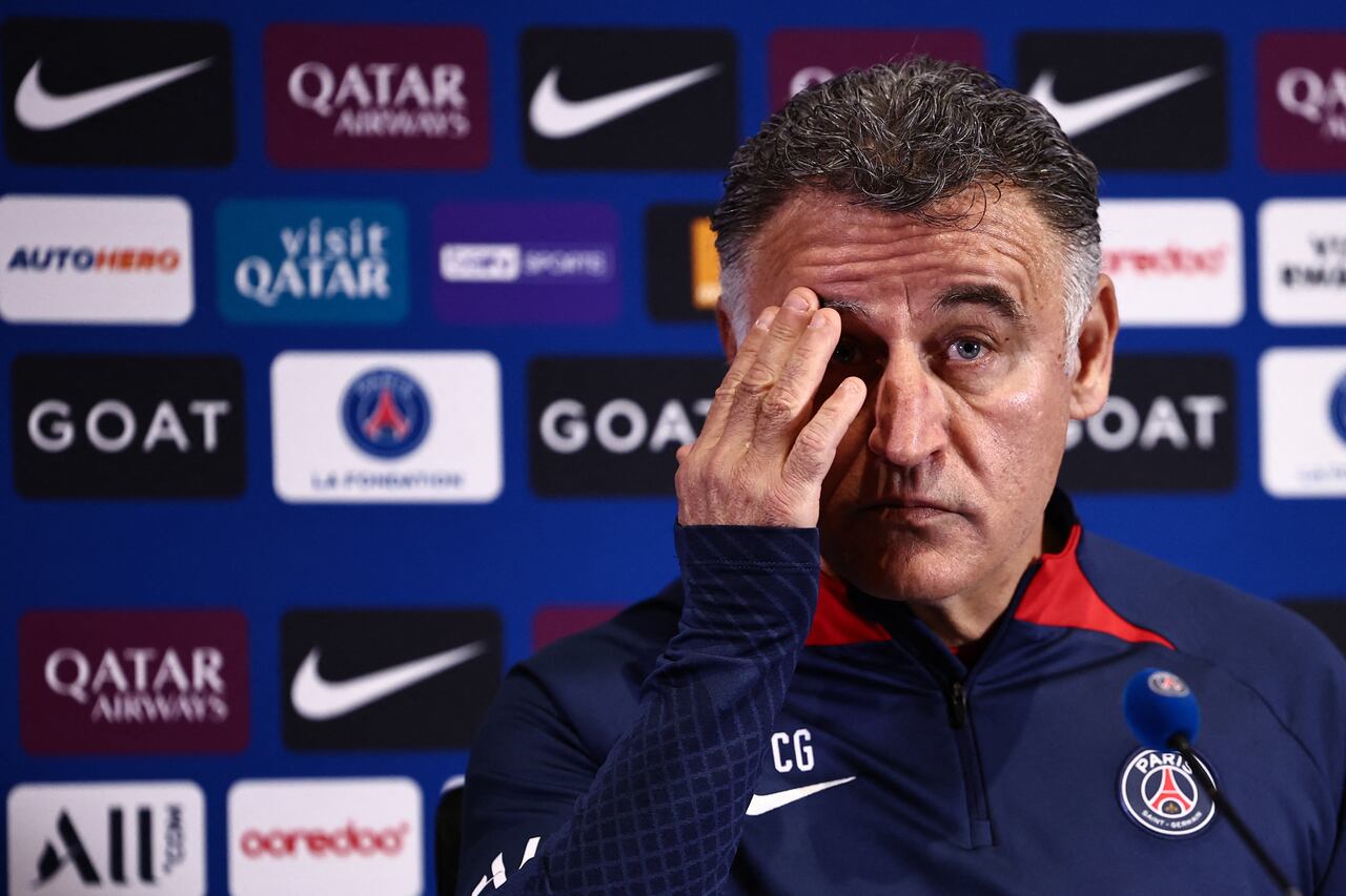 Paris Saint-Germain's French head coach Christophe Galtier attends a press conference at the club's "Camp des Loges" in Saint-Germain-en-Laye, west of Paris on April 14, 2023. (Photo by Anne-Christine POUJOULAT / AFP)