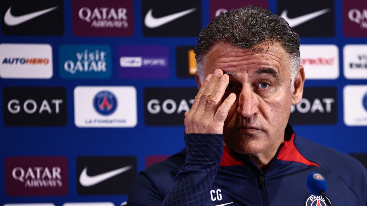 Paris Saint-Germain's French head coach Christophe Galtier attends a press conference at the club's "Camp des Loges" in Saint-Germain-en-Laye, west of Paris on April 14, 2023. (Photo by Anne-Christine POUJOULAT / AFP)