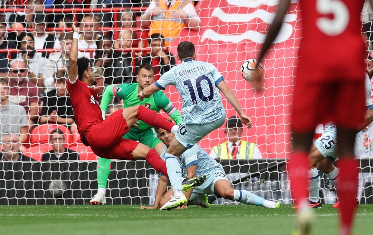 Soccer Football - Premier League - Liverpool v AFC Bournemouth - Anfield, Liverpool, Britain - August 19, 2023 Liverpool's Luis Diaz scores their first goal past AFC Bournemouth's Neto REUTERS/David Klein EDITORIAL USE ONLY. No use with unauthorized audio, video, data, fixture lists, club/league logos or 'live' services. Online in-match use limited to 75 images, no video emulation. No use in betting, games or single club /league/player publications.  Please contact your account representative for further details.