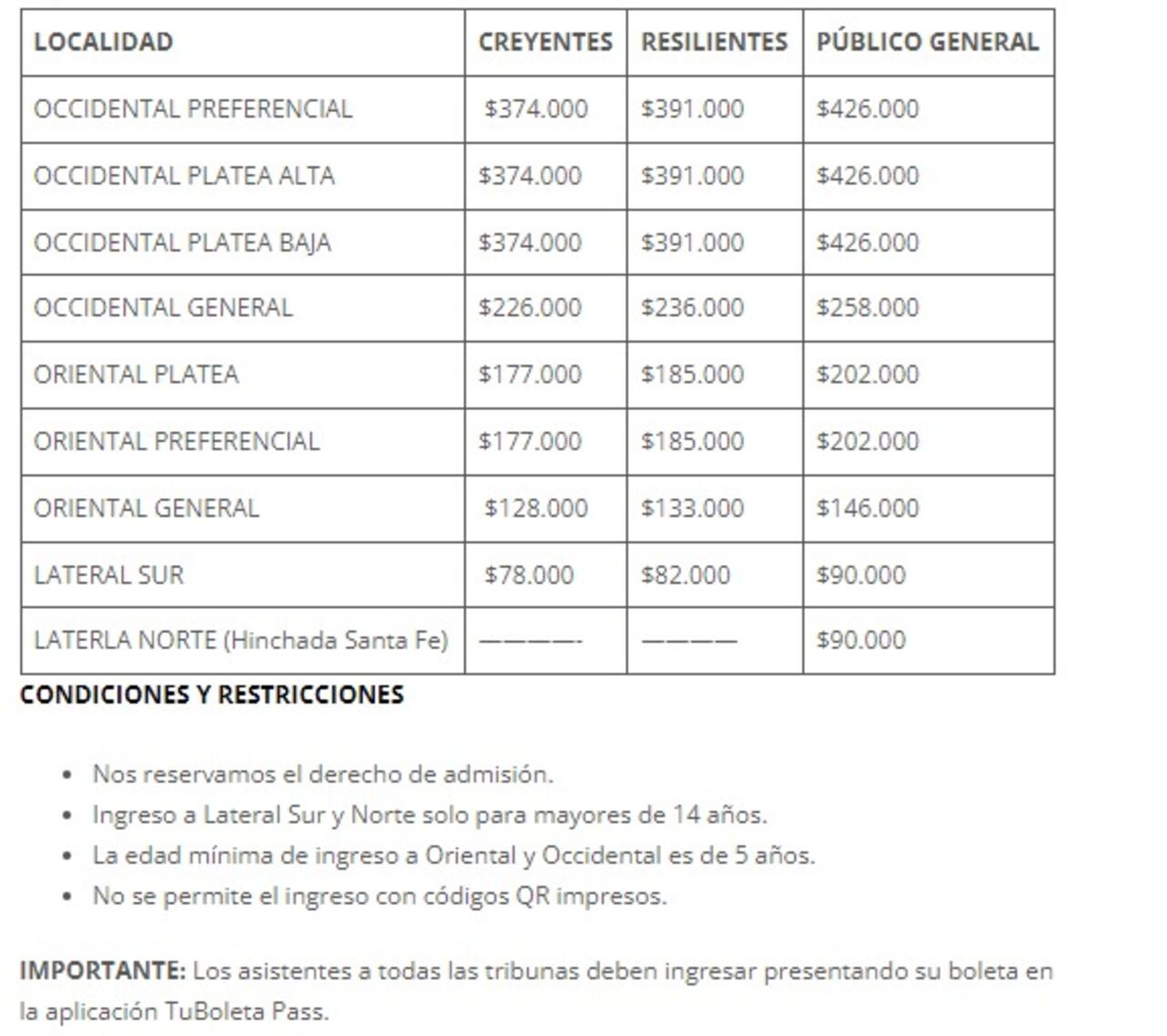 precios de boletería final de vuelta Santa Fe vs Bucaramanga