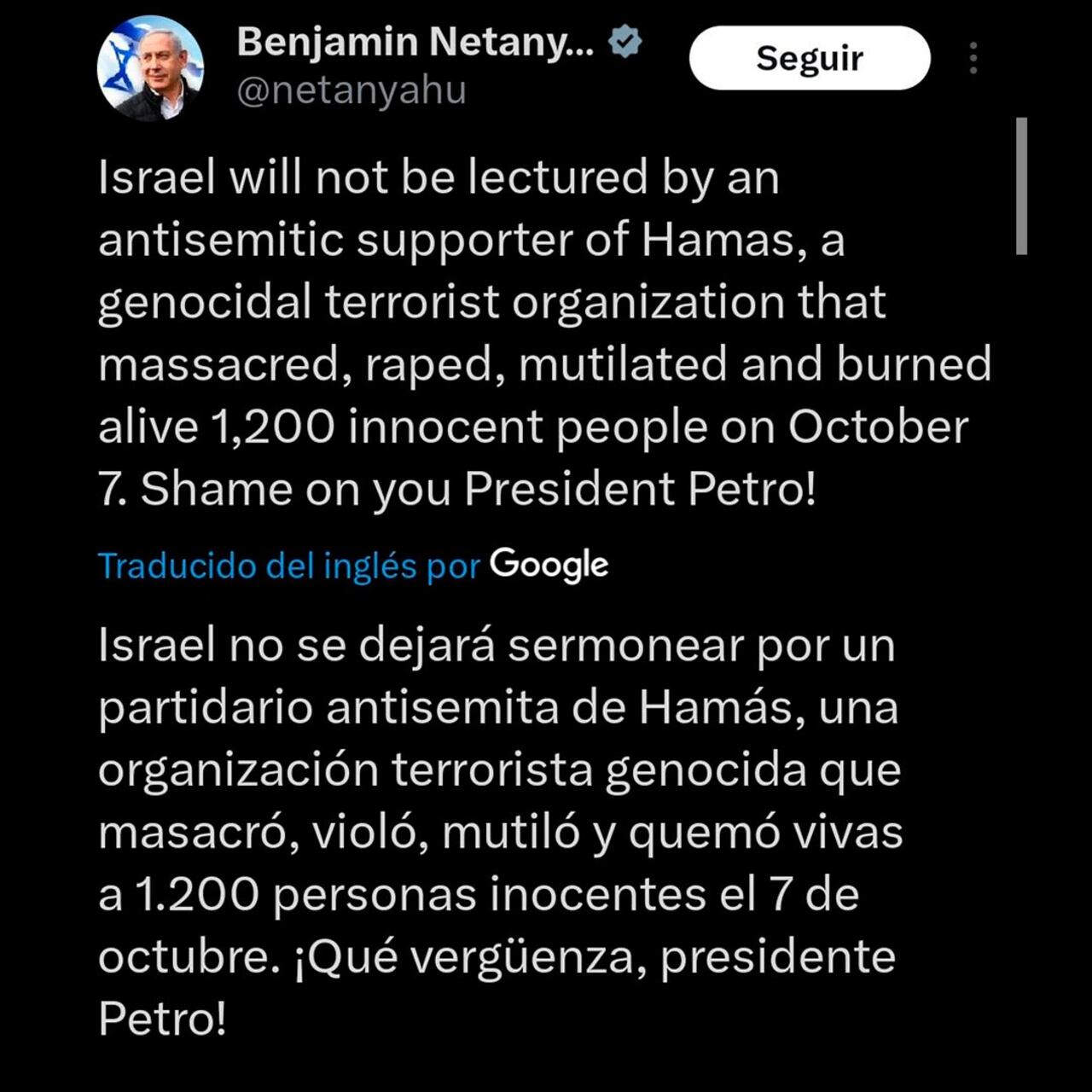 Mensaje Netanyahu contra Petro