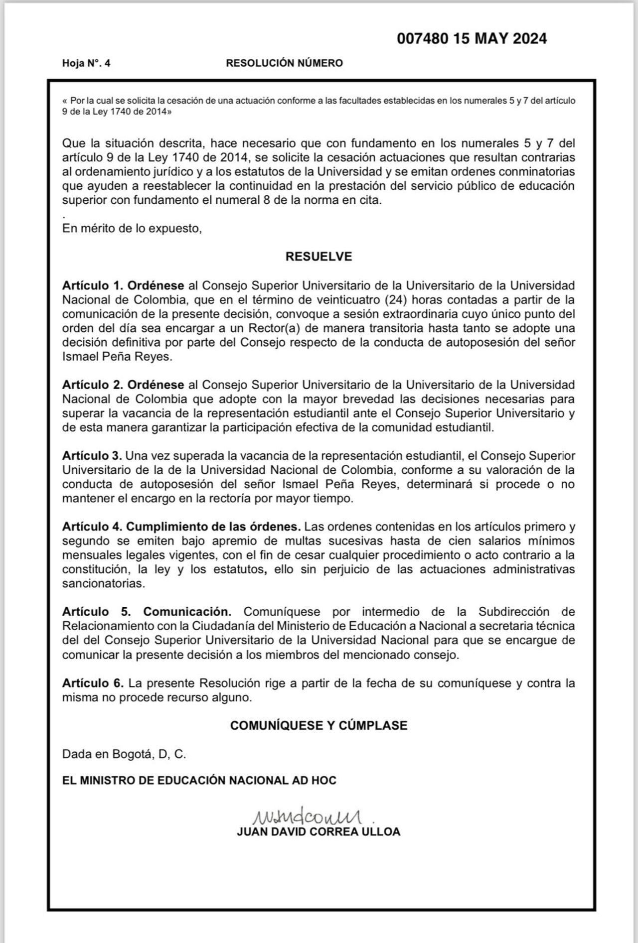Esta es la resolución firmada por el ministro ad hoc, Juan David Correa.