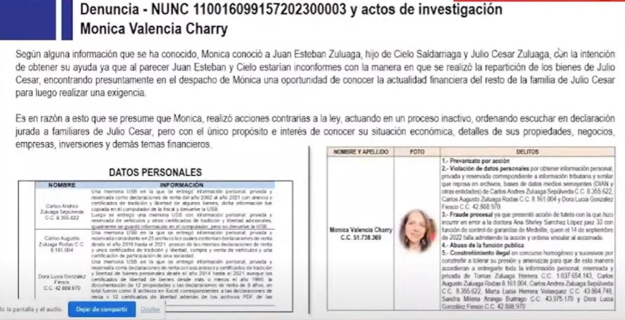 La Fiscalía General le imputó cinco delitos a Mónica Valencia.