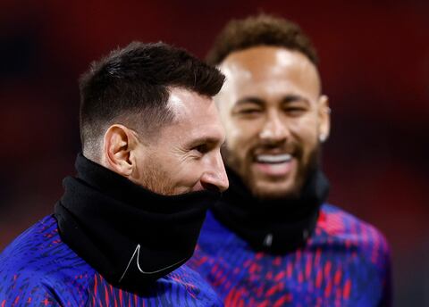 Soccer Football - Ligue 1 - Stade Rennes v Paris St Germain - Roazhon Park, Rennes, France - January 15, 2023 Paris St Germain's Lionel Messi and Neymar during the warm up before the match REUTERS/Stephane Mahe