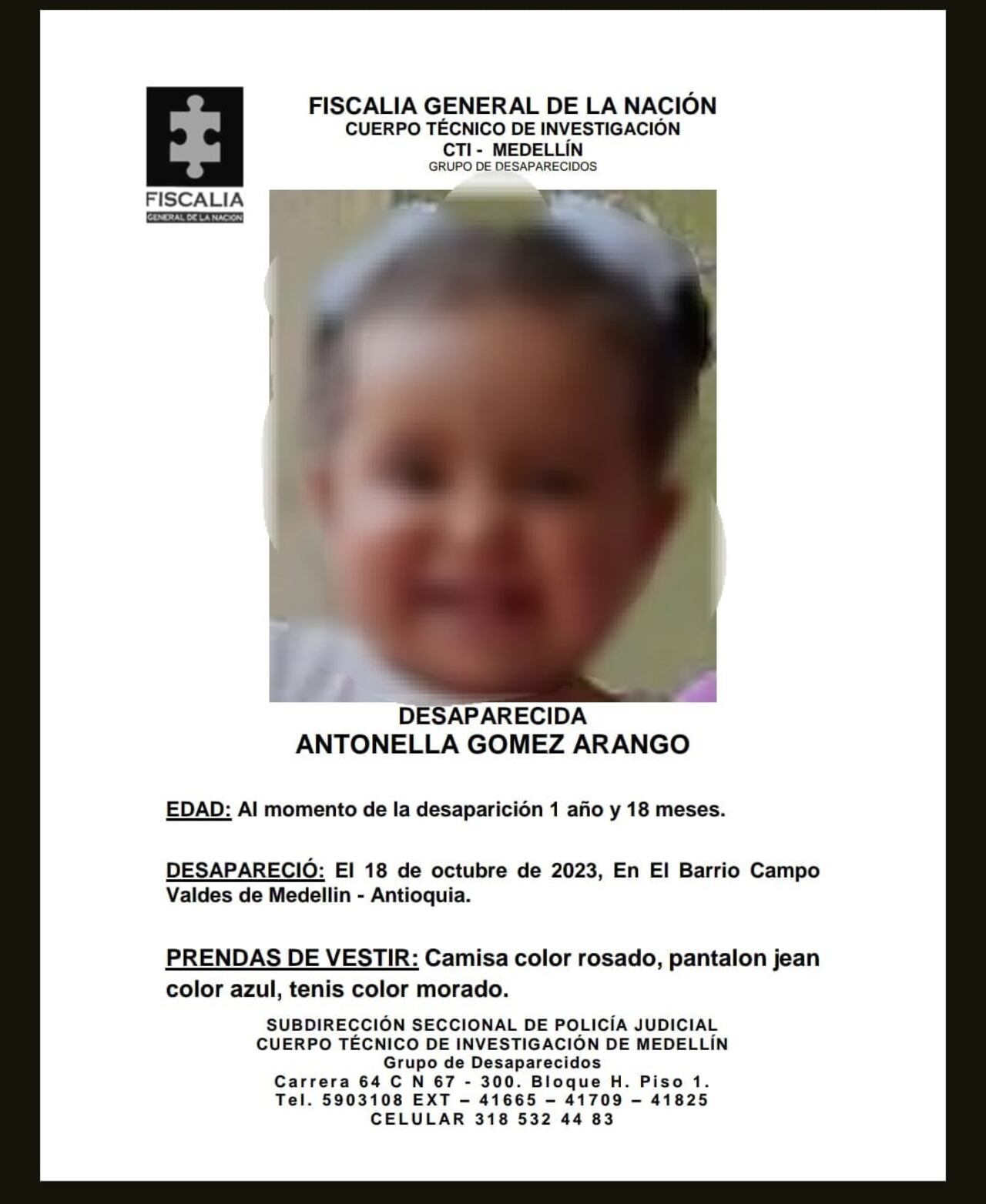 Menor de 18 meses raptada en Medellín