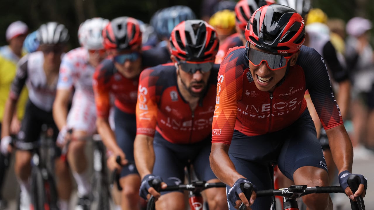 INEOS - Grenadiers' Colombian rider Egan Bernal cycles in the ascent of the Col de Cauterets-Cambasque during the 6th stage of the 110th edition of the Tour de France cycling race, 145 km between Tarbes and Cauterets-Cambasque, in the Pyrenees mountains in southwestern France, on July 6, 2023. (Photo by Thomas SAMSON / AFP)