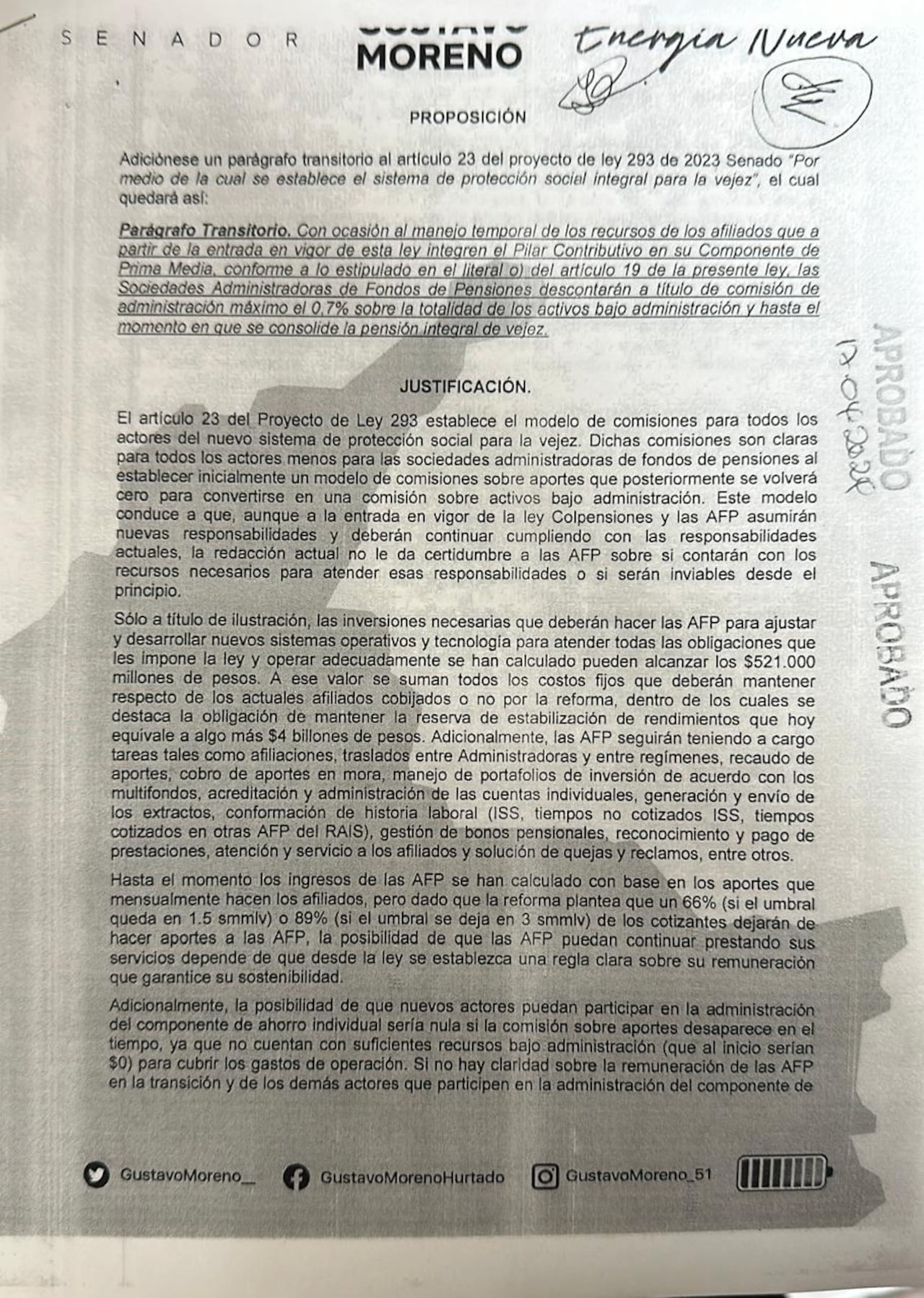 Proposición radicada por el senador Gustavo Moreno y que fue realizada por Asofondos para favorecer sus intereses particulares
