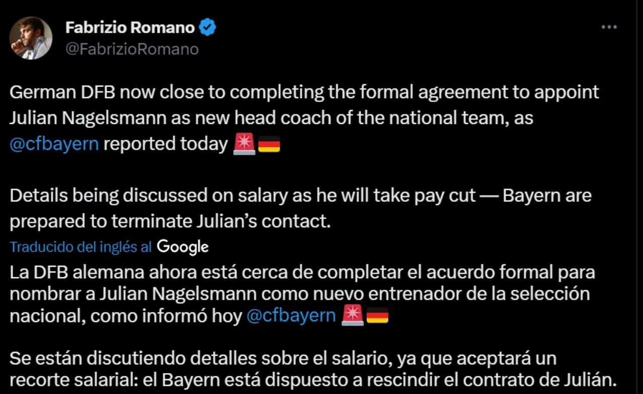 Información de Fabrizio Romano sobre la llegada de Nagelsmann a Alemania.