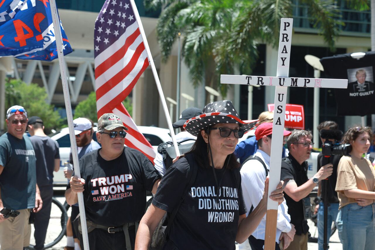 MIAMI, FLORIDA - JUNE 13: Trump supporters gather outside the Wilkie D. Ferguson Jr. United States Federal Courthouse as former President Donald Trump appears for his arraignment on June 13, 2023 in Miami, Florida.