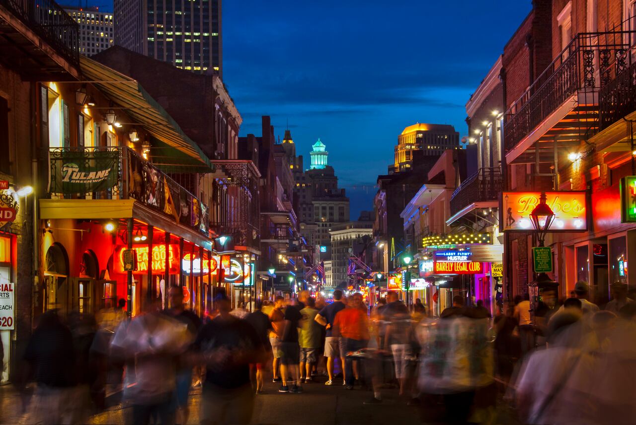 Pedestrian friendly Bourbon Street is lined with clubs and bars in New Orleans, Louisiana.