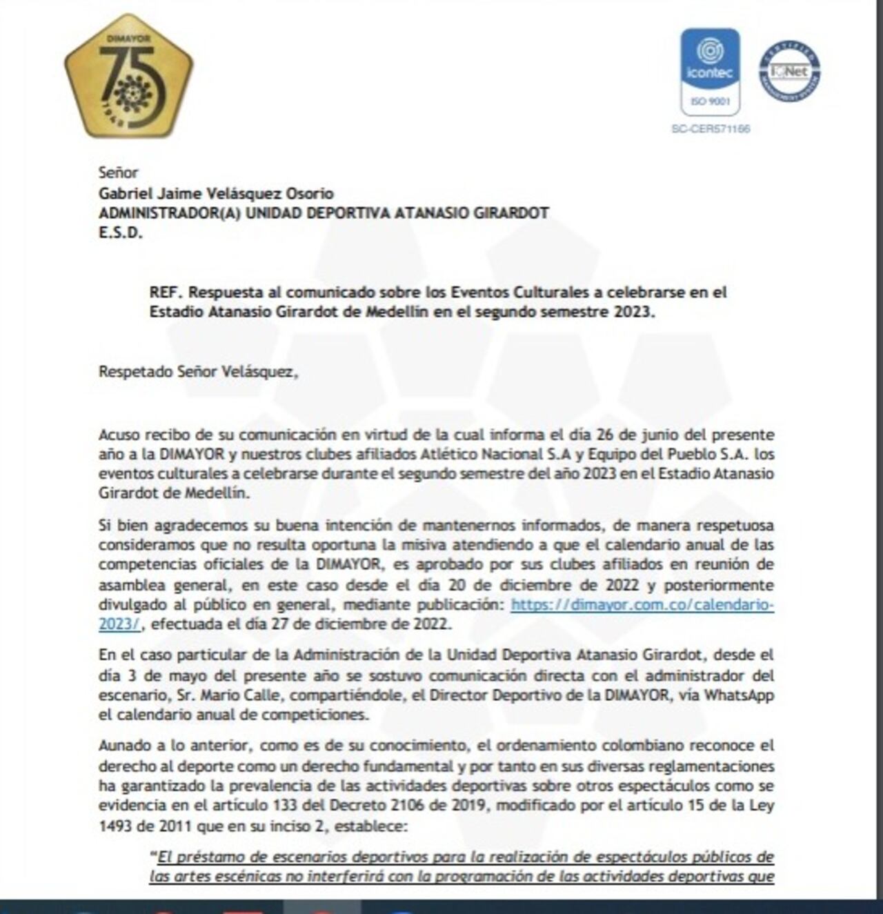 Carta de Dimayor enviada al Inder Medellín