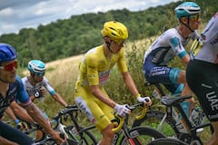 UAE Team Emirates team's Slovenian rider Tadej Pogacar wearing the overall leader's yellow jersey cycles with the pack of riders (peloton) during the 13th stage of the 111th edition of the Tour de France cycling race, 165,3 km between Agen and Pau, southwestern France, on July 12, 2024. (Photo by Marco BERTORELLO / AFP)