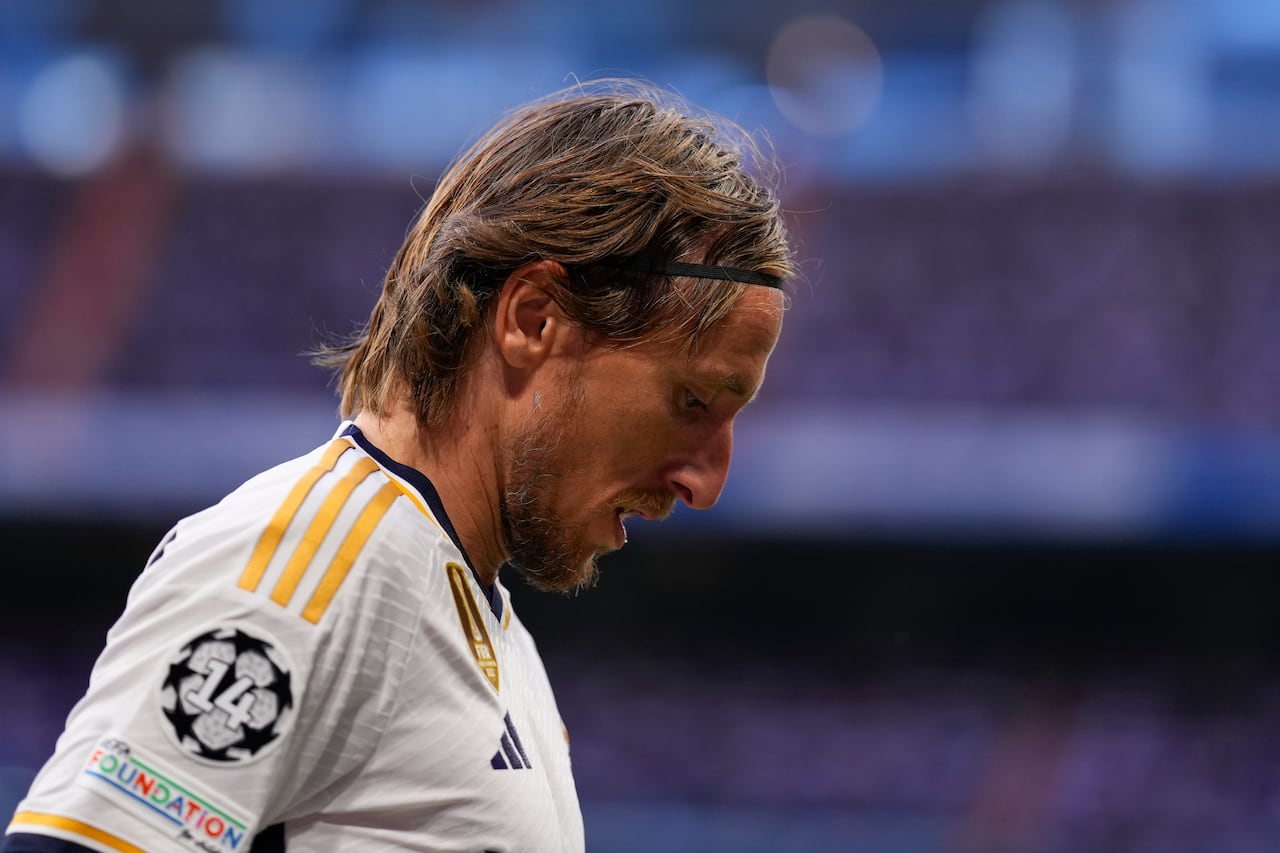 Real Madrid's Luka Modric during the Champions League group C soccer match between Real Madrid and FC Union Berlin at the Santiago Bernabeu stadium in Madrid, Wednesday, Sept. 20, 2023. (AP Photo/Manu Fernandez)