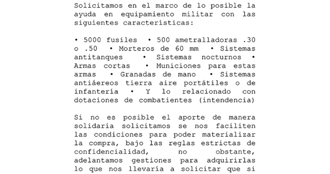   Uno de los temas más escandalosos en los hallazgos en el computador de alias Gentil Duarte es que le piden armamento de forma puntual al régimen de Maduro. No solo fusiles y ametralladoras, sino también sistemas antitanques, sistemas nocturnos, sistemas antiaéreos tierra-aire portátiles o de infantería.