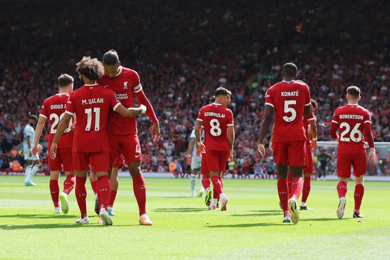 Mohamed Salah celebrando su gol para el Liverpool.
