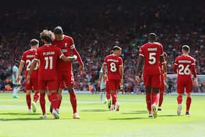 Mohamed Salah celebrando su gol para el Liverpool.
